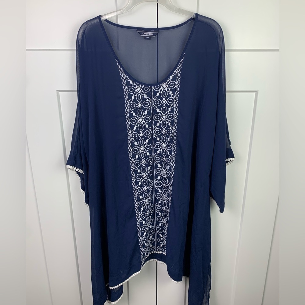 Lands End LARGE Sheer Swim Cover Kaftan Tunic Navy Embroidery Coastal